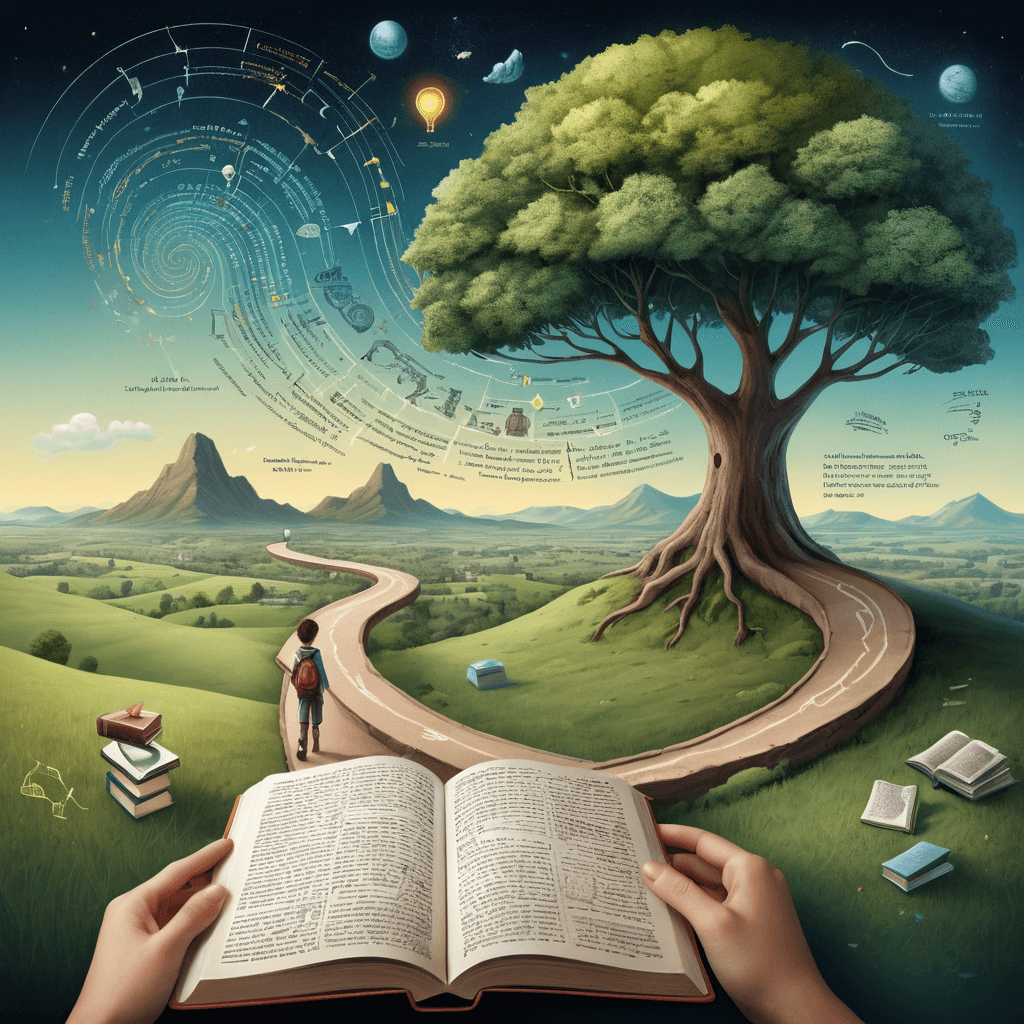 A whimsical illustration of a path winding through a landscape, with a young figure walking forward while holding an open book that shows various topics. The illustration embodies the pursuit of knowledge.