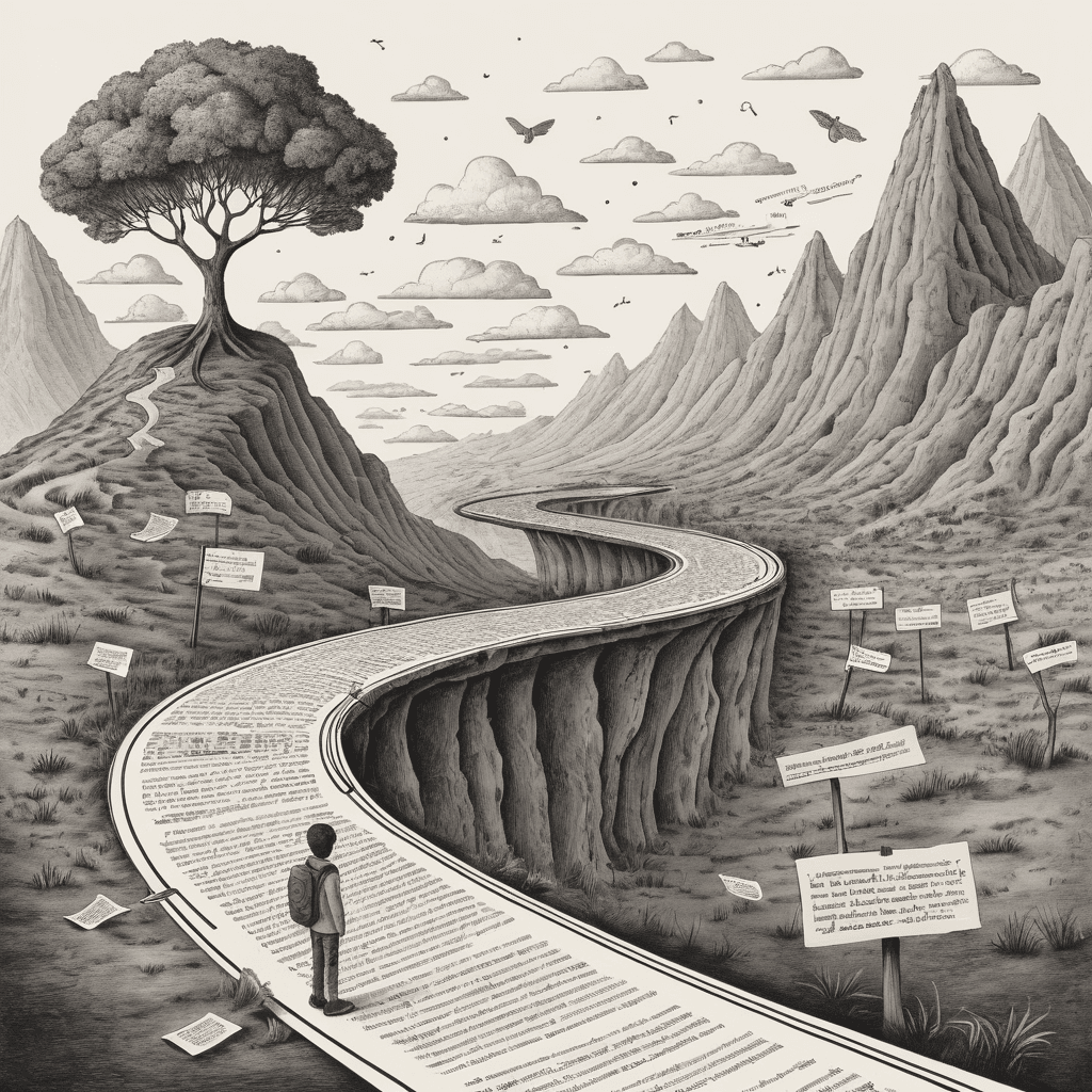 A grayscale illustration of a winding path of text, evoking a journey of learning and growth in both web development and life.