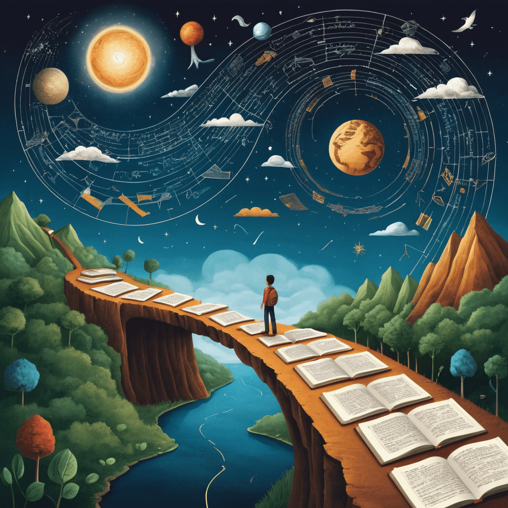 A person stands on a path of books, looking toward a sky filled with astronomical symbols and abstract designs. The image shows the pursuit of knowledge and innovative solutions.