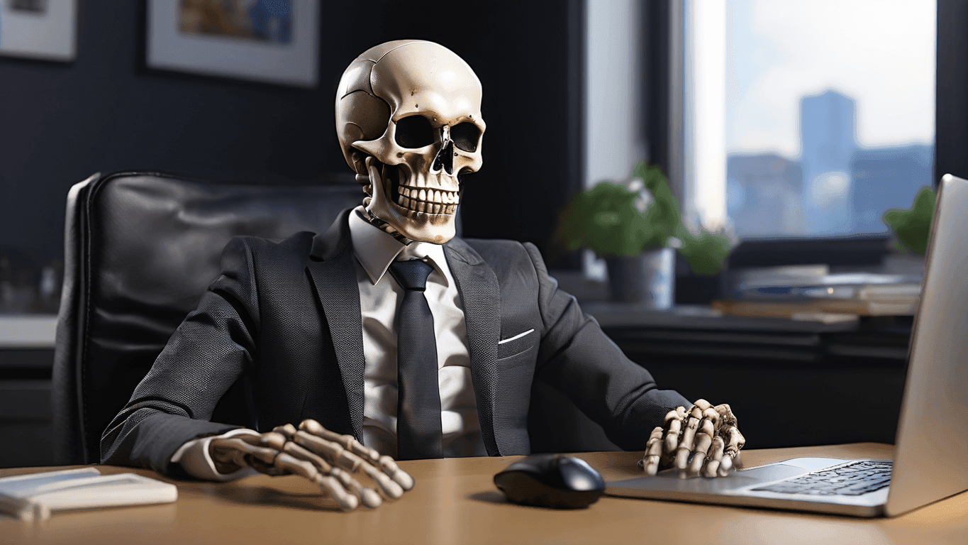 A skeleton in a suit sits at a desk, working on a laptop. A humorous take on the relentless pace of work.