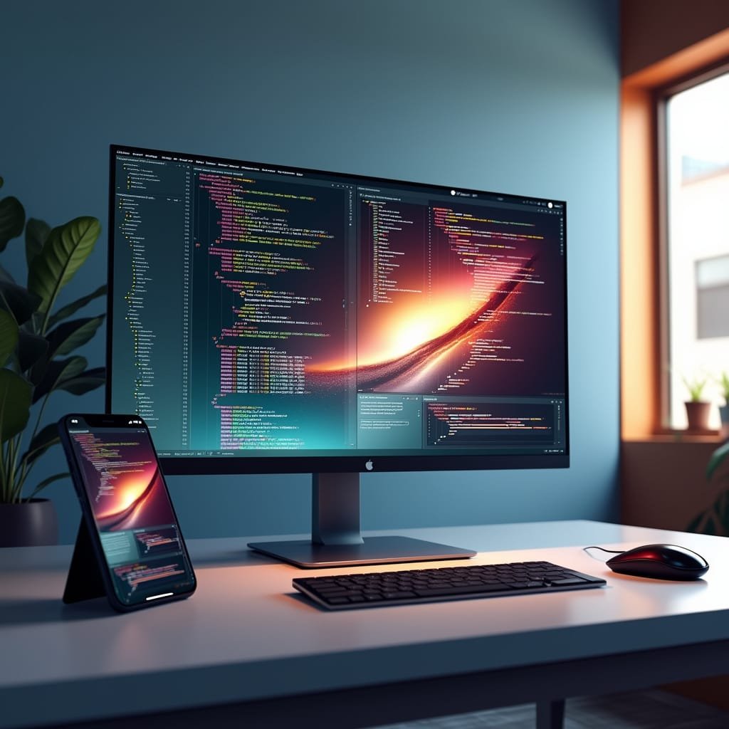 A modern workspace with a computer monitor displaying lines of code, with a focus on the user experience design aspect of front-end development.