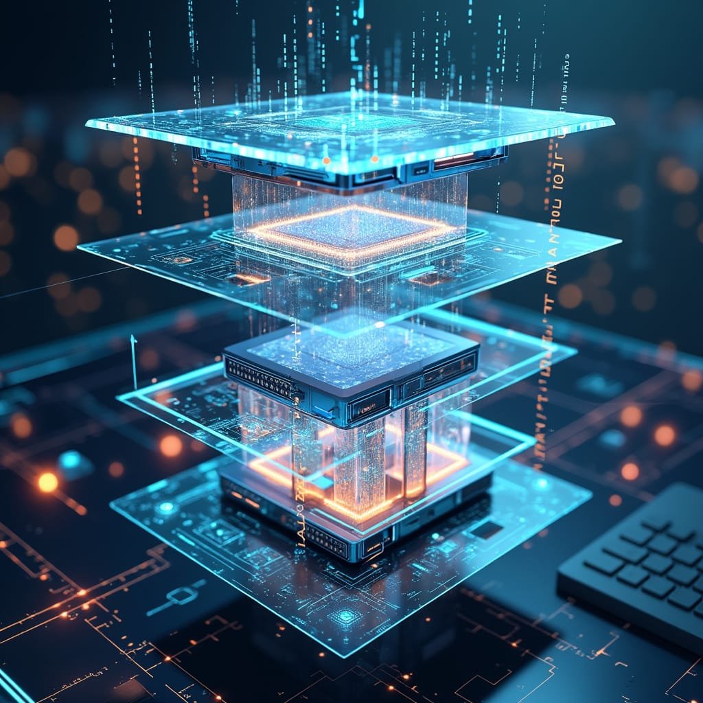 A complex graphic with glowing and detailed layers of code, highlighting the technical skill and mastery of full-stack engineering.