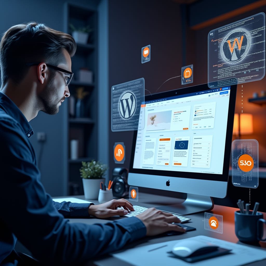 A person working on a computer, showcasing a custom WordPress interface with various design elements, highlighting the personalization and customization options for WordPress sites.