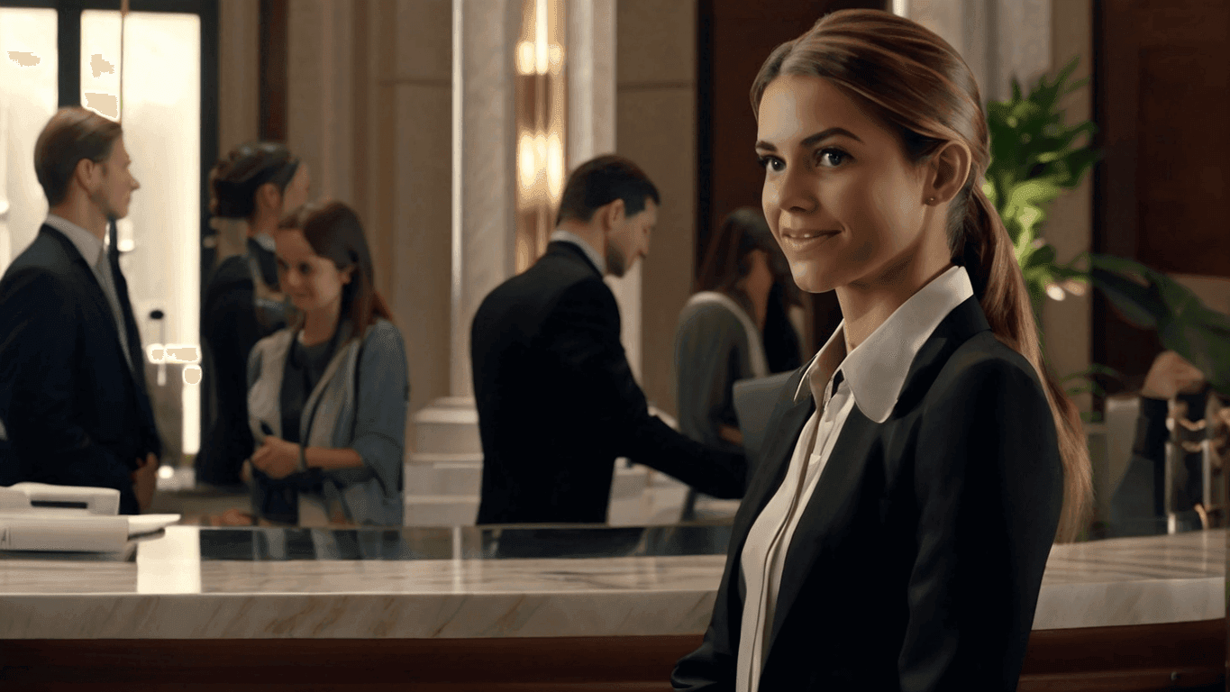 A confident, professional woman standing at a polished counter, implying a modern and professional work ethic in a high-end business setting.